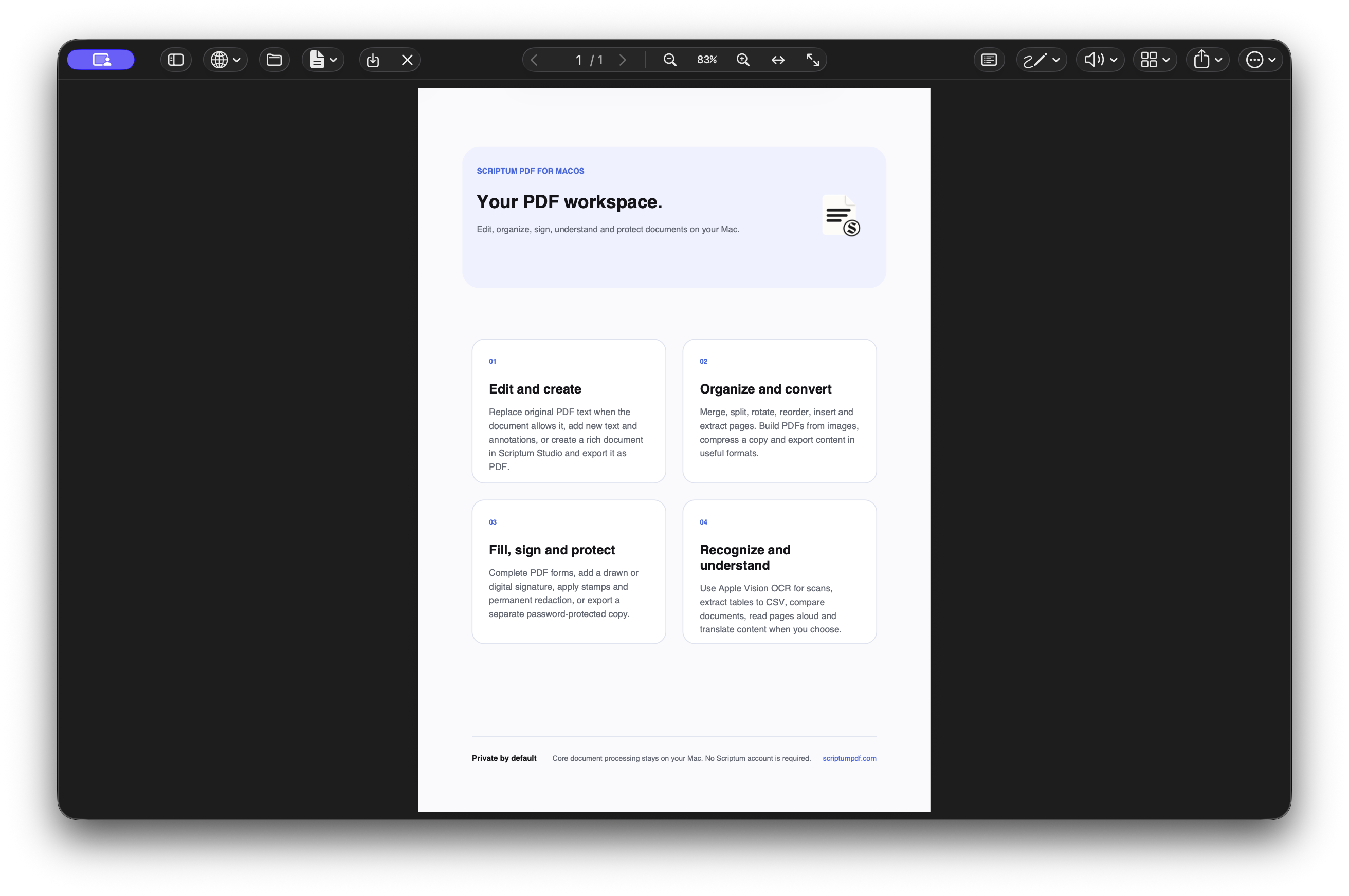 Scriptum PDF running on macOS with an English product overview open